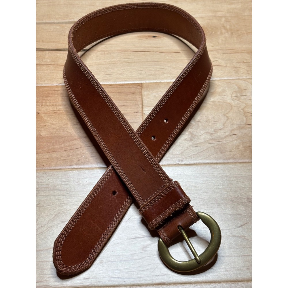 Leather Belt Women S Brown Stitched Brass Buckle Unbranded
